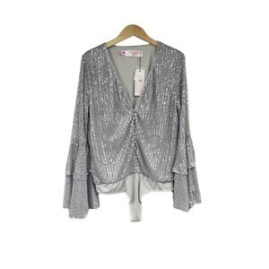 Southern Fried Chics Boutique Silver Sequin Belle Sleeve Bodysuit Womens Medium
